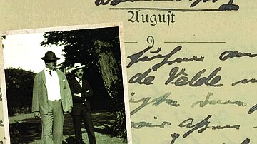 Historic photograph of Günther Viktor of Schwarzburg-Rudolstadt and Henry van de Velde against a handwritten calendar page.